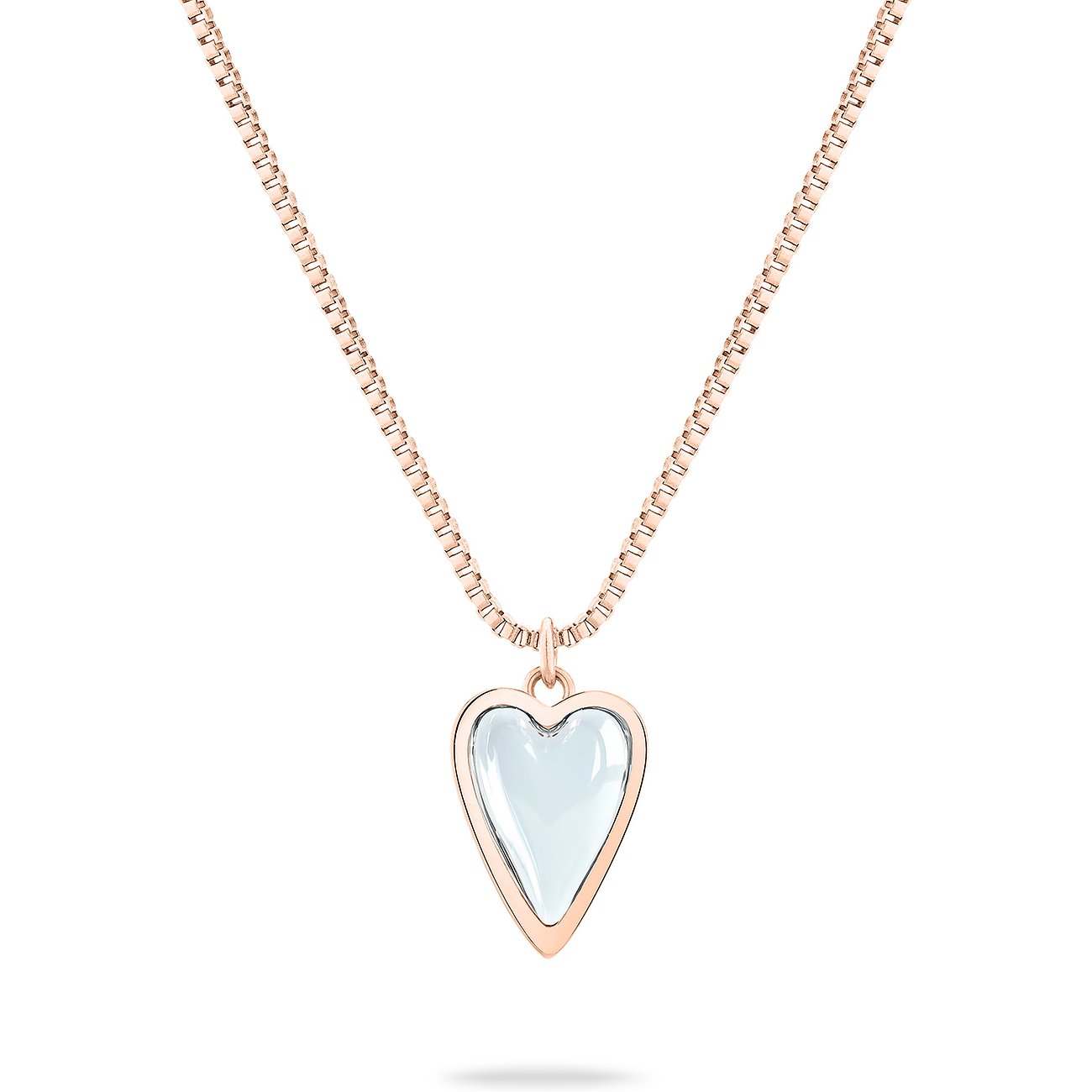 Ett Liebeskind halsband i roséfärgat rostfritt stål med hjärtformat hänge och ljus inläggning.