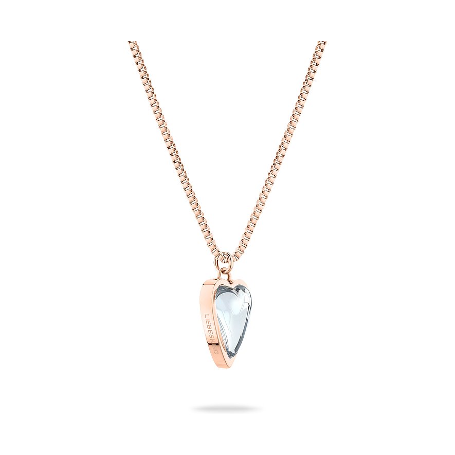 Liebeskind halsband i roséguldfärgat rostfritt stål med hjärtformad, transparent ädelsten.