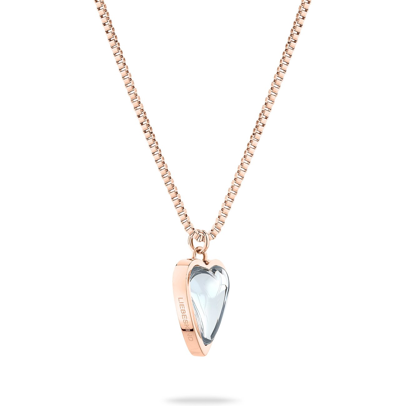 Liebeskind halsband i roséguldfärgat rostfritt stål med hjärtformad, transparent ädelsten.