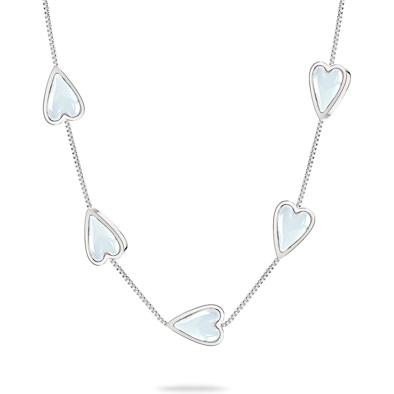 Collana Liebeskind in acciaio inox con cinque pietre azzurre a forma di cuore su catena.