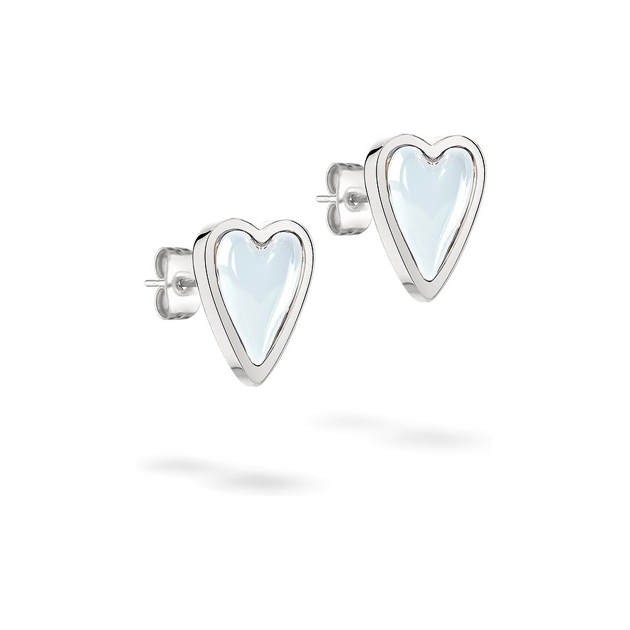 Liebeskind hartvormige roestvrijstalen oorknoppen met wit-blauwe inleg, frontaal links en rechts afgebeeld.