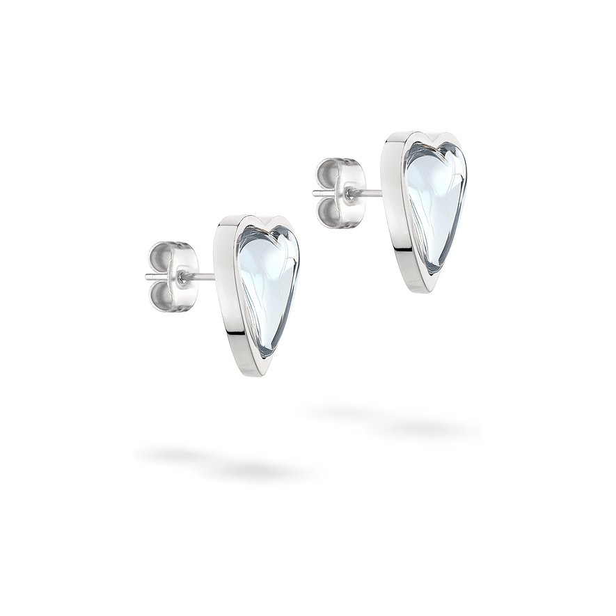 Twee gepolijste Liebeskind oorknopjes van glanzend RVS met hartvormige, heldere sierstenen.