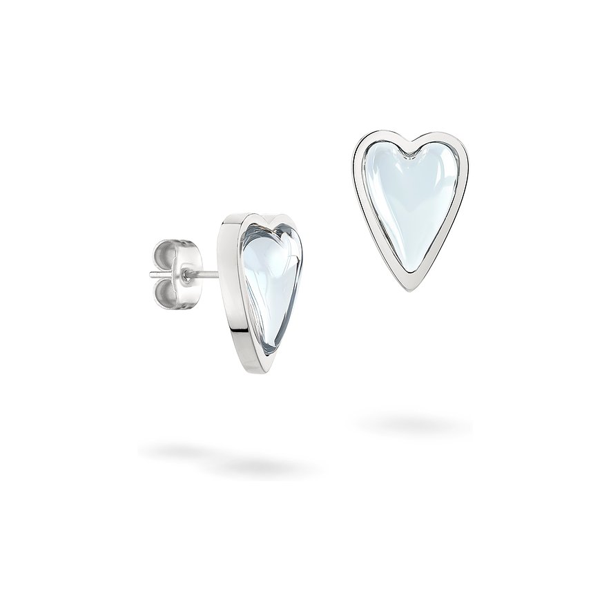 Liebeskind hartvormige roestvrijstalen oorstekers met lichtblauwe steen, zij- en vooraanzicht.