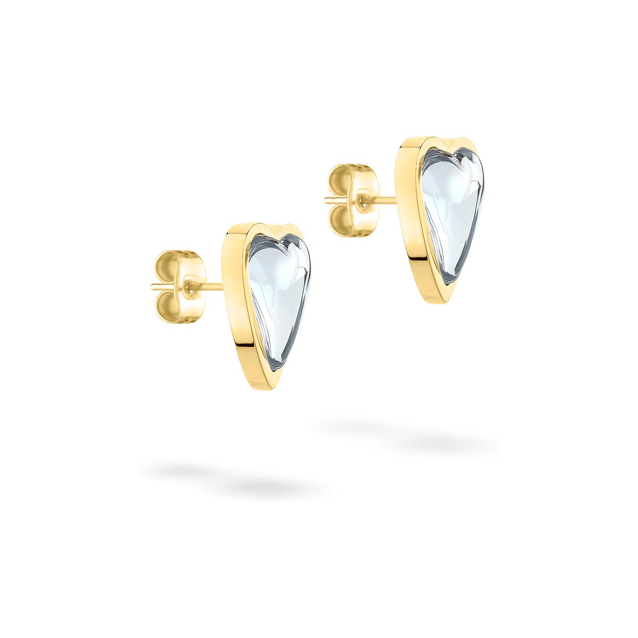 Liebeskind Ohrschmuck: Gelbgoldfarbene Edelstahl-Herz-Ohrstecker mit klarem, facettiertem Schmuckstein.