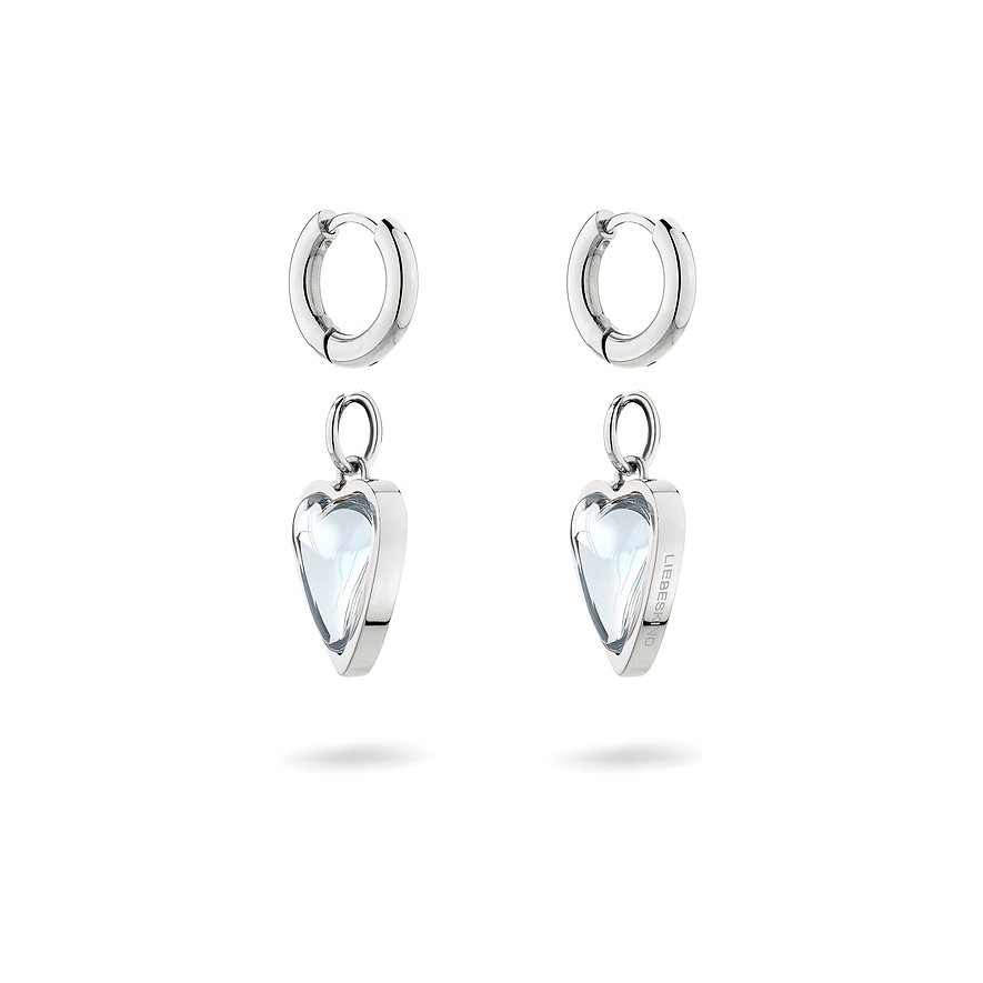 Liebeskind øreringe i rustfrit stål med hjerteformede, klare smykkesten, forfra.