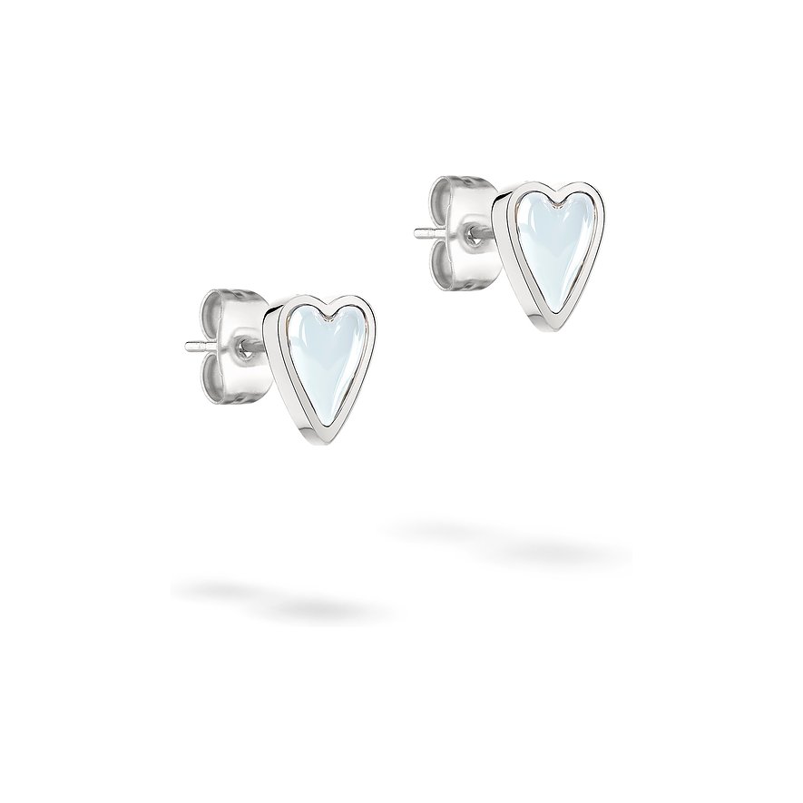 Två Liebeskind hjärtörhängen i rostfritt stål med lätt blåaktigt, mjölkigt inlägg, framifrån.