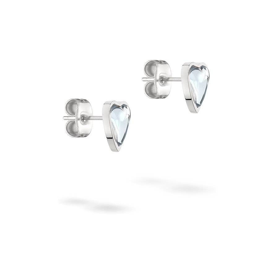 Ett par glänsande Liebeskind örhängen i rostfritt stål, hjärtformade med en klar ädelsten.