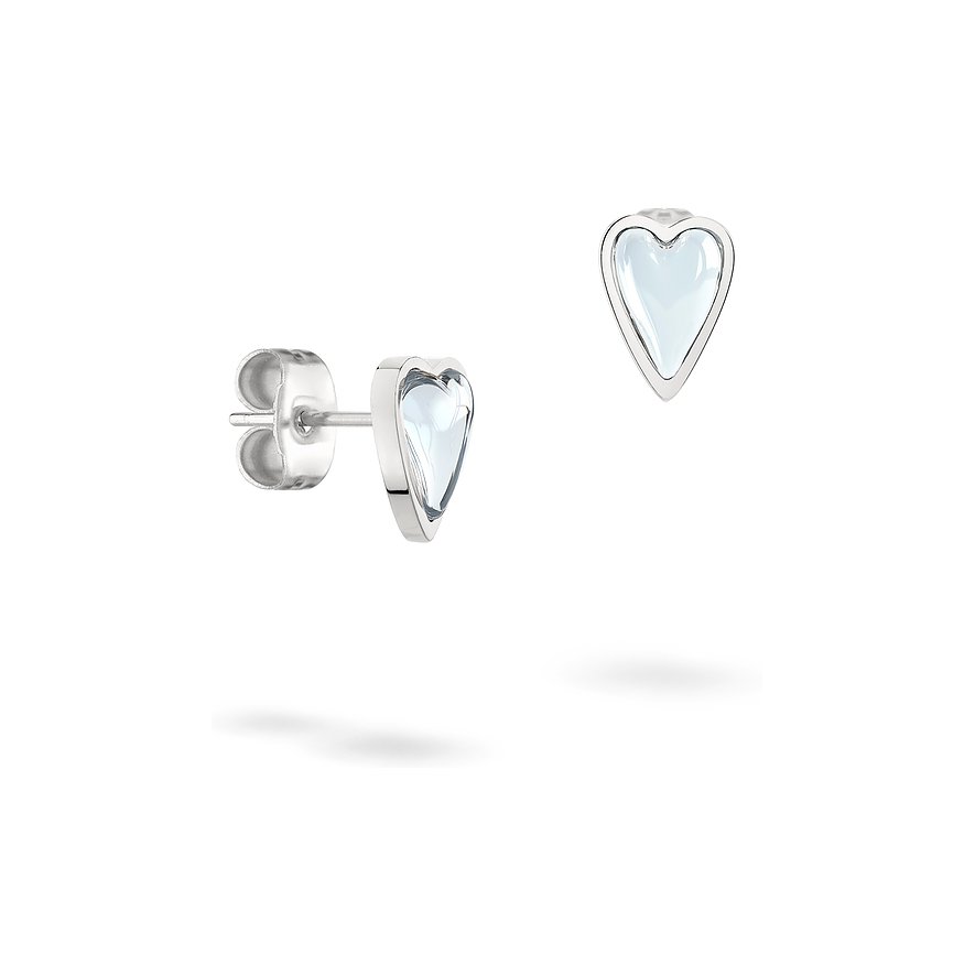 Liebeskind örhängen i rostfritt stål med ljusblå hjärtformad ädelsten, sedda från sidan och framifrån.