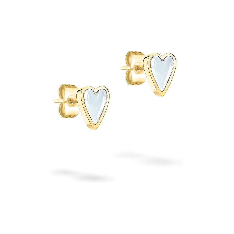 Zwei Liebeskind Herz Ohrstecker aus goldenem Edelstahl mit hellblauen Intarsien, die leicht schräg dargestellt sind.