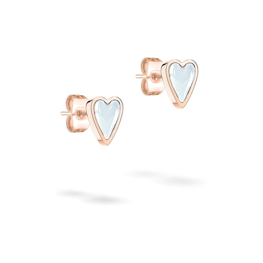 Een paar roségouden Liebeskind hartvormige roestvrijstalen oorknopjes met delicate roze edelstenen.