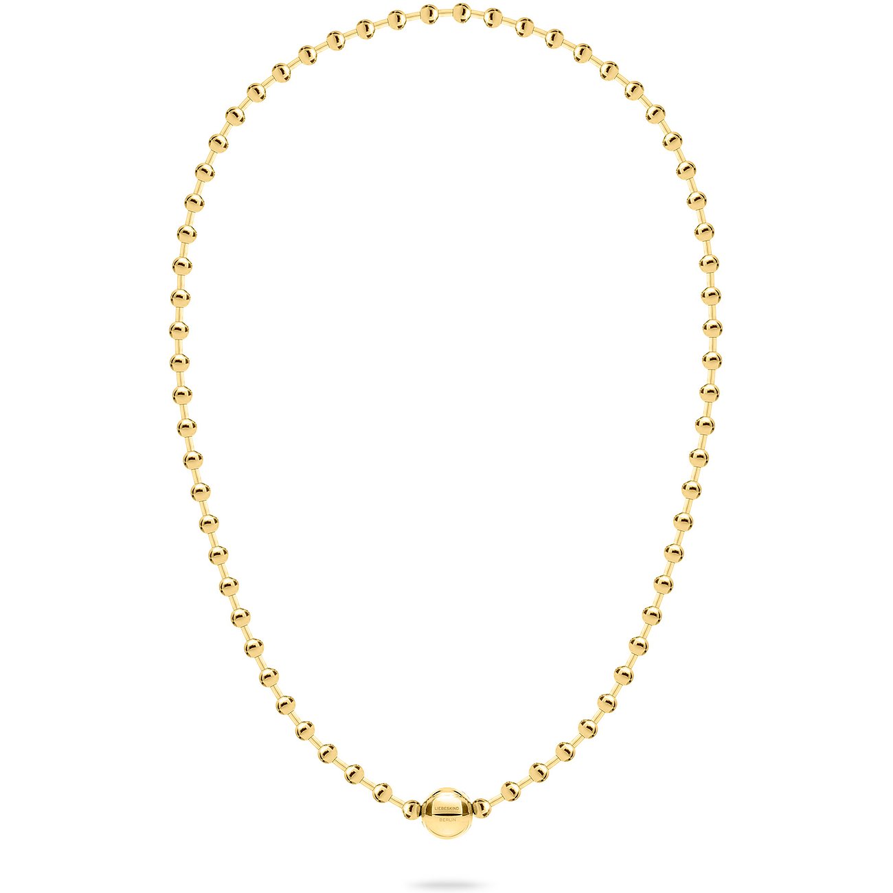Liebeskind Halsschmuck aus goldfarbenem Edelstahl. Eine Kette mit kleinen Kugeln und einer einzelnen großen Kugel.