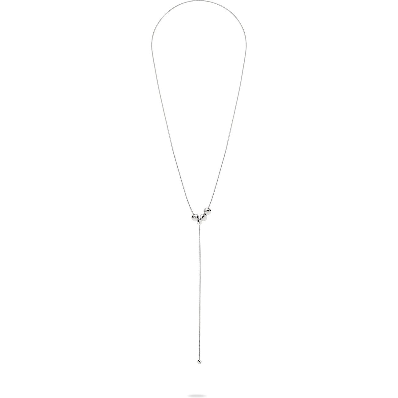 Collier Liebeskind en acier inoxydable brillant, en forme de Y avec trois perles au cou et une perle au bout.