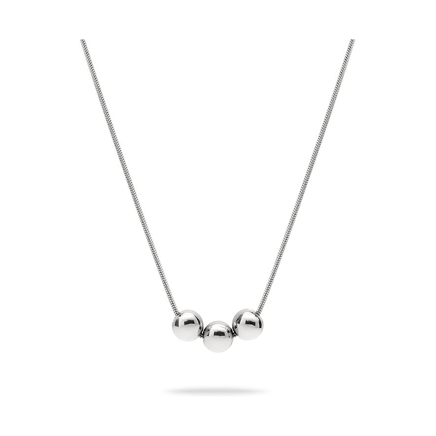 Un collier Liebeskind en acier inoxydable avec trois boules argentées brillantes, enfilées au centre.
