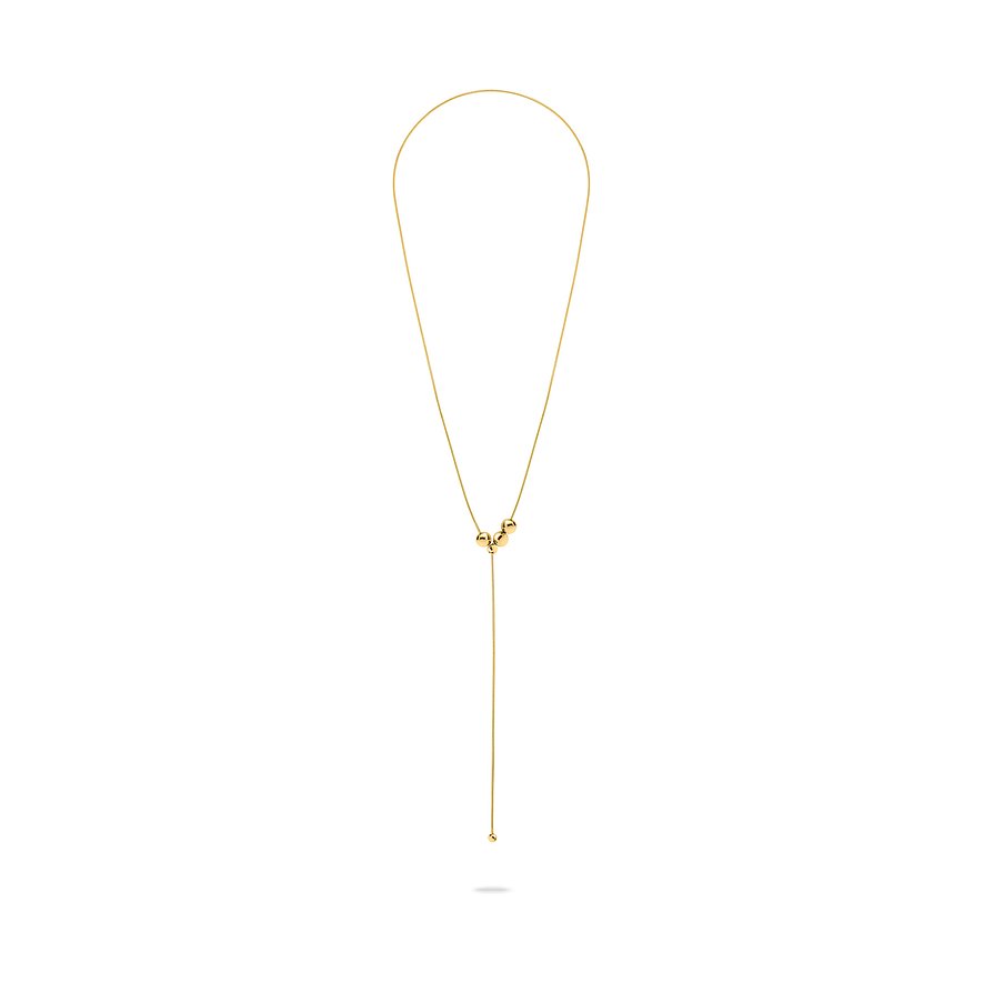 Collier Liebeskind en acier inoxydable doré, avec trois petites sphères et un pendentif sphérique plus long et suspendu.