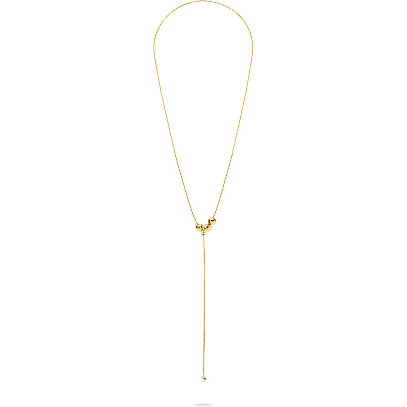 Collier Liebeskind en acier inoxydable doré, avec trois petites sphères et un pendentif sphérique plus long et suspendu.