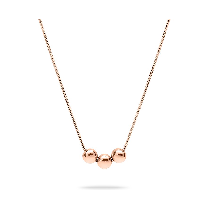 Eine roségoldene Liebeskind Halskette aus Edelstahl mit drei glänzenden Kügelchen, mittig platziert.