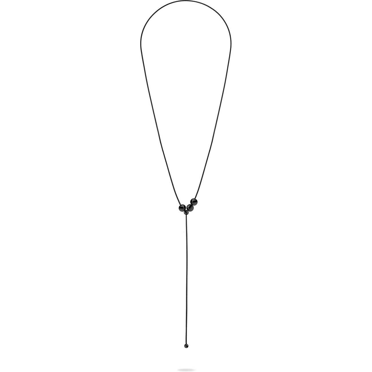 Liebeskind halsband i rostfritt stål med tre svarta pärlor framtill och en enkel svart pärla i hängets ände.