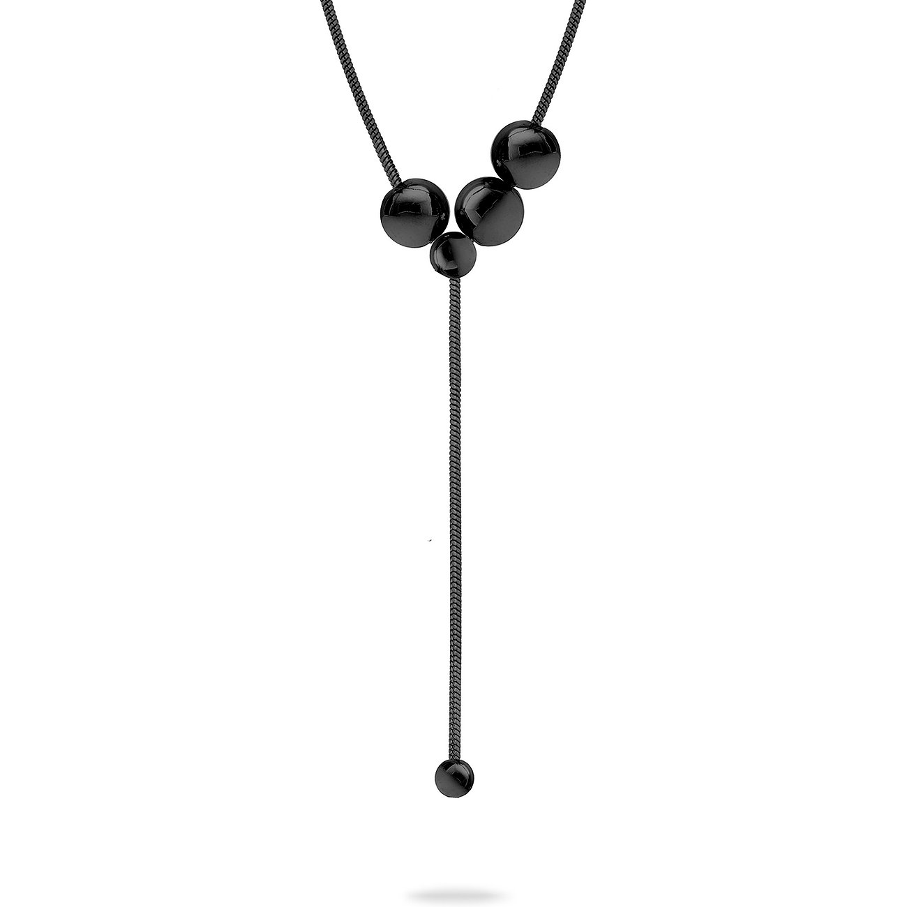 Liebeskind halsband i glänsande svart rostfritt stål, en Y-formad design med fem runda kulor.