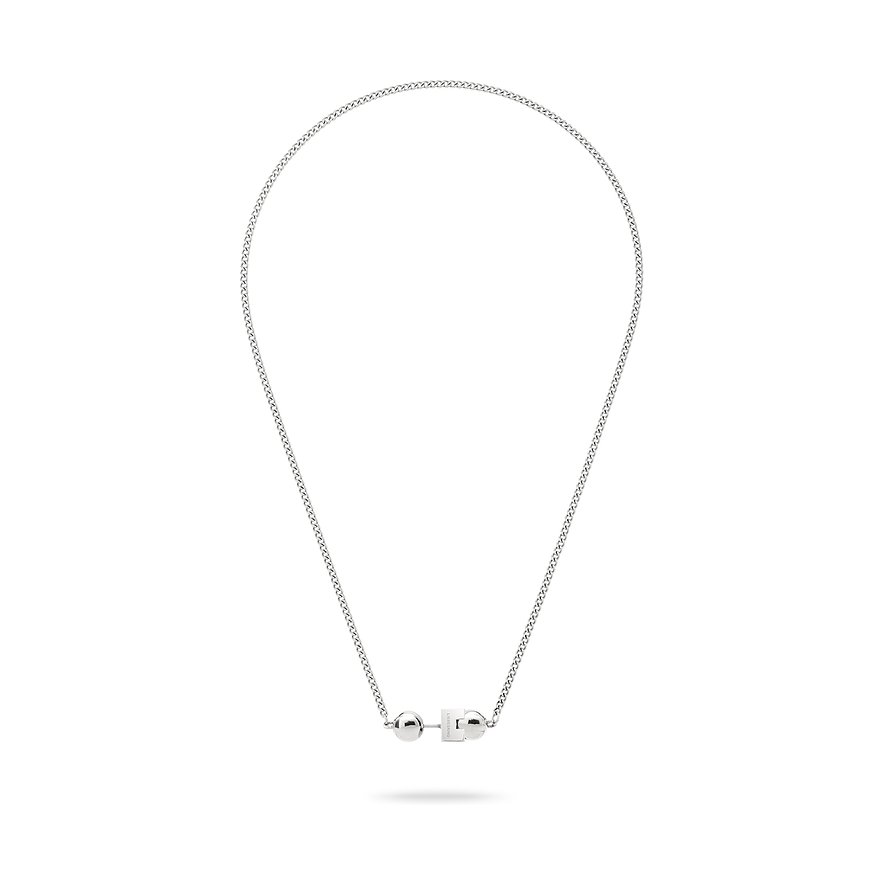 Liebeskind halsband i rostfritt stål med smal kedja och mittberlock i form av två kulor och en stav.