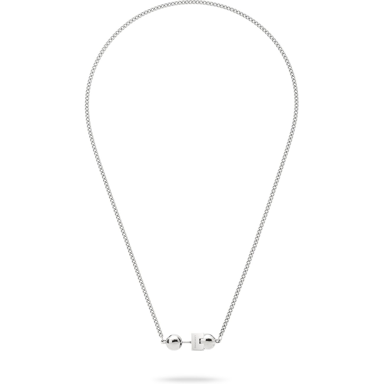 Liebeskind halsband i rostfritt stål med smal kedja och mittberlock i form av två kulor och en stav.