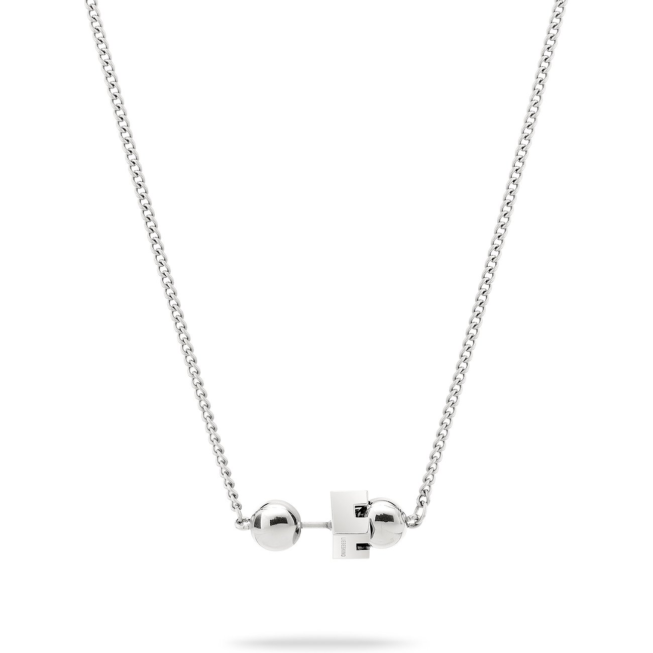 Liebeskind halsband i rostfritt stål med glänsande silverkulor och ett kubformat element.