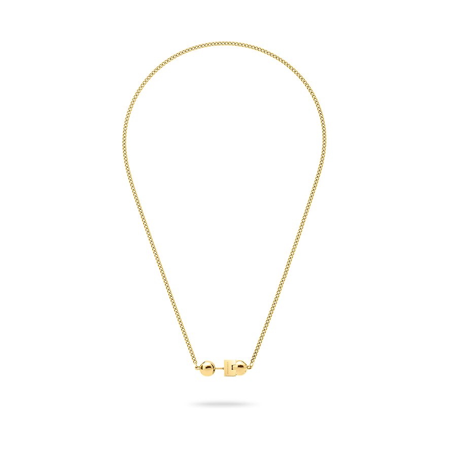 Liebeskind halsband i guldfärgat rostfritt stål med en kula och ett blockformat hänge.