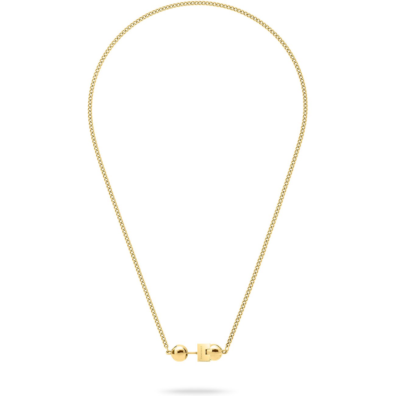 Liebeskind halsband i guldfärgat rostfritt stål med en kula och ett blockformat hänge.