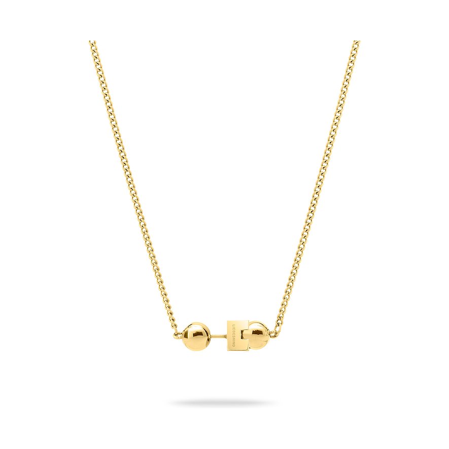 Närbild av ett gyllene Liebeskind-halsband i rostfritt stål med två runda guldkulor och ett rektangulärt element i mitten.