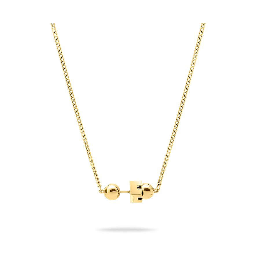 Närbild av ett gyllene Liebeskind halsband i rostfritt stål med ett rektangulärt hänge och två sfäriska element.