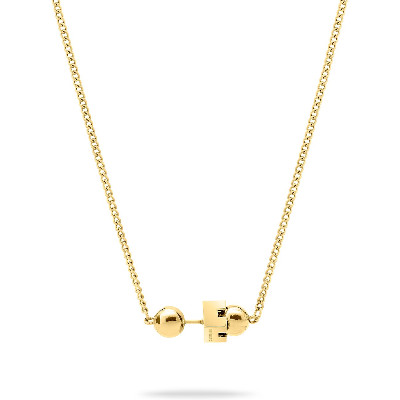 Närbild av ett gyllene Liebeskind halsband i rostfritt stål med ett rektangulärt hänge och två sfäriska element.