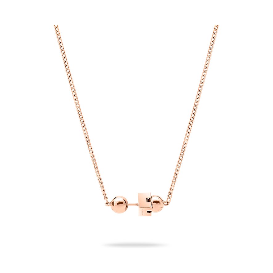 Liebeskind halsband i roséguldfärgat rostfritt stål med två kulor och ett kubformat hänge.