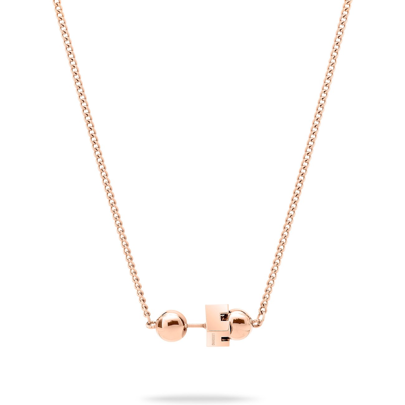 Liebeskind halsband i roséguldfärgat rostfritt stål med två kulor och ett kubformat hänge.