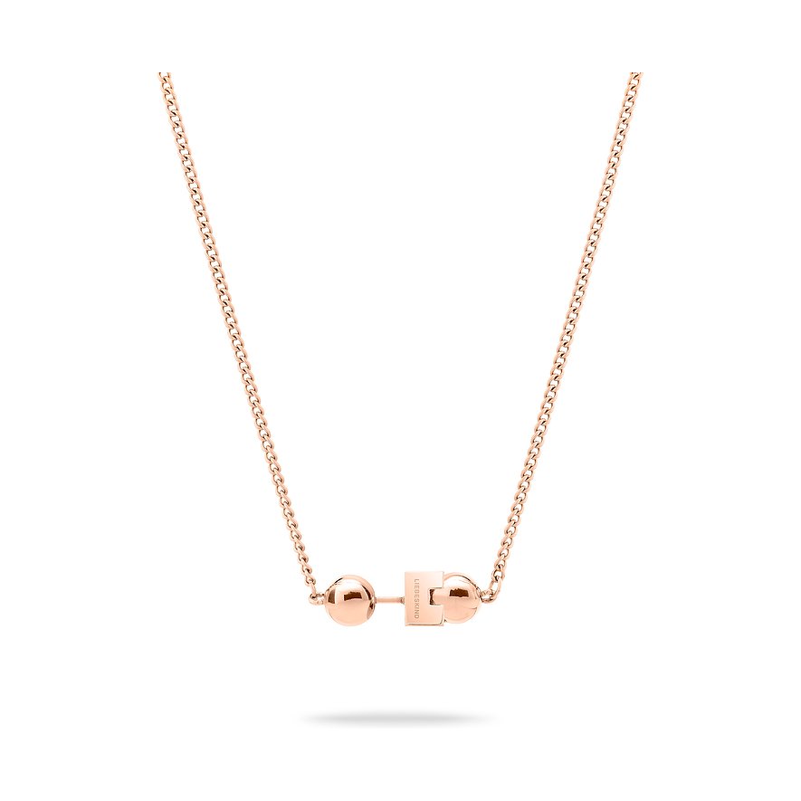 Närbild av ett roséguld Liebeskind halsband i rostfritt stål med två kulor och ett T-lås.