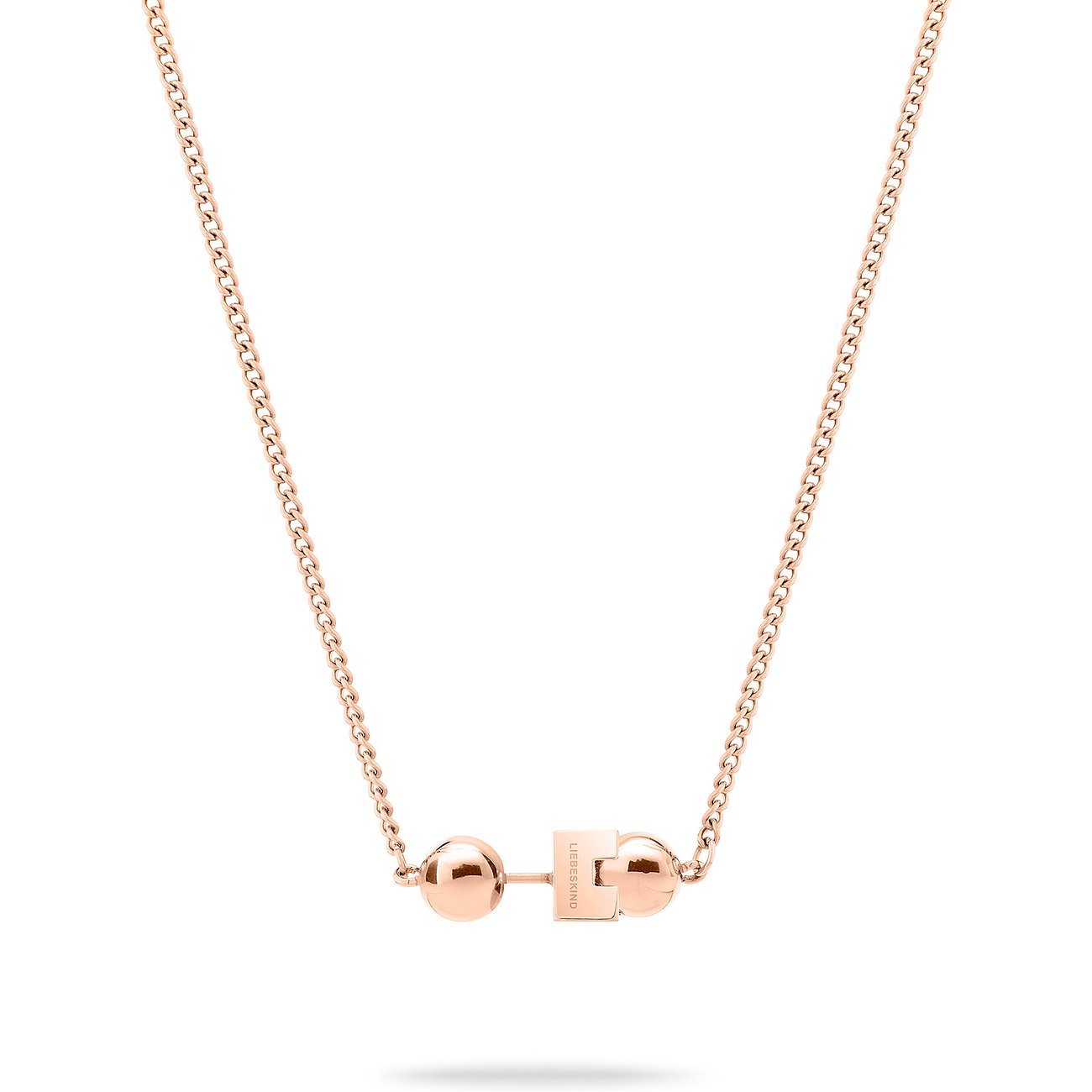 Närbild av ett roséguld Liebeskind halsband i rostfritt stål med två kulor och ett T-lås.
