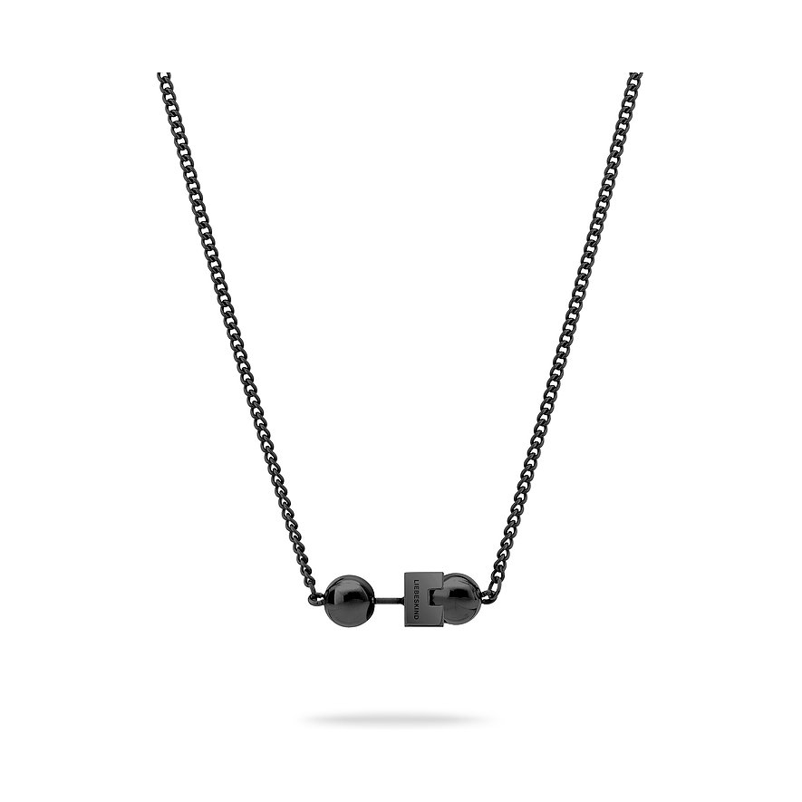 Liebeskind Halsschmuck aus schwarzem Edelstahl mit zwei Kugeln und einem Riegel als Anhänger.