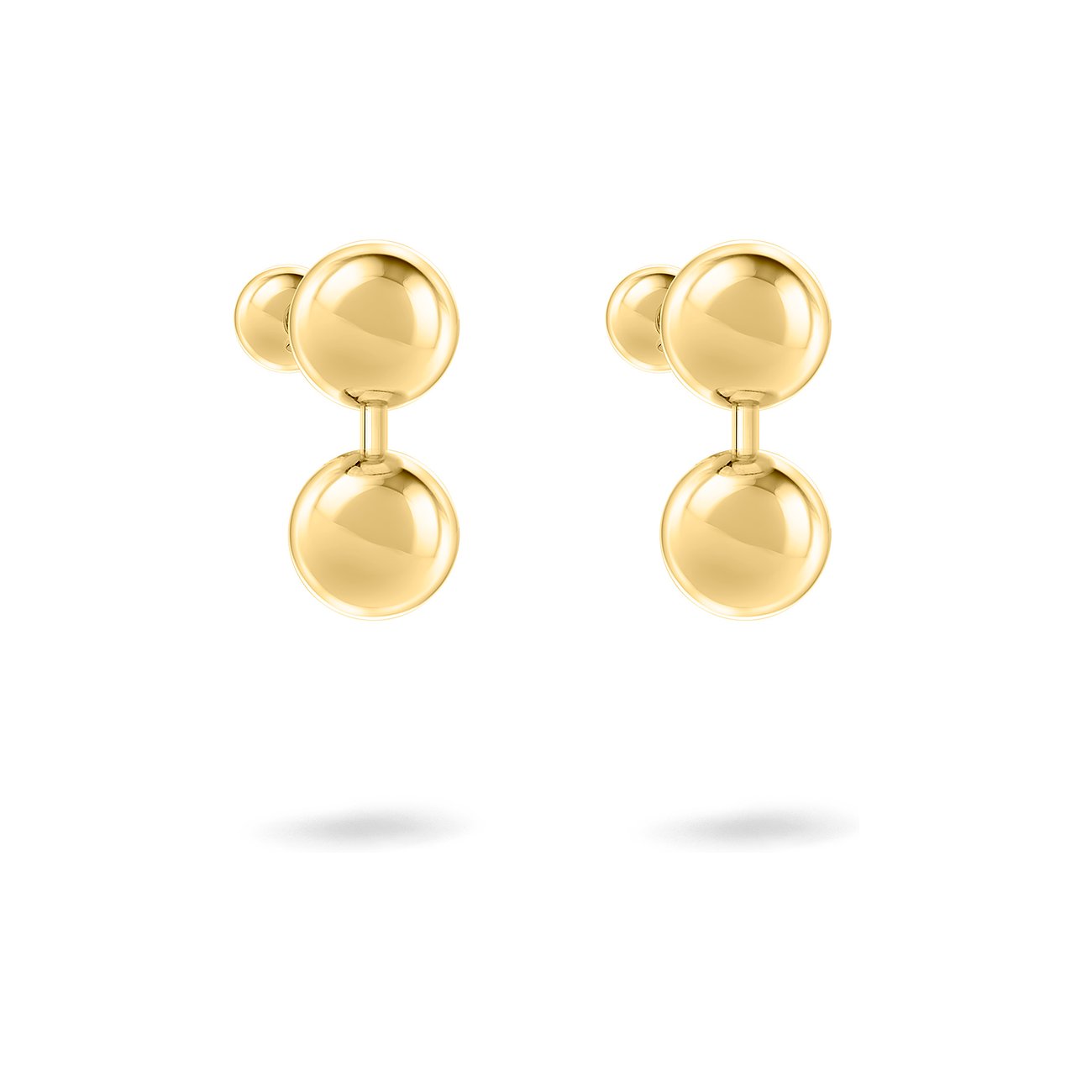Liebeskind Ohrschmuck aus gelb vergoldetem Edelstahl mit zwei Kugeln, die untereinander hängen.