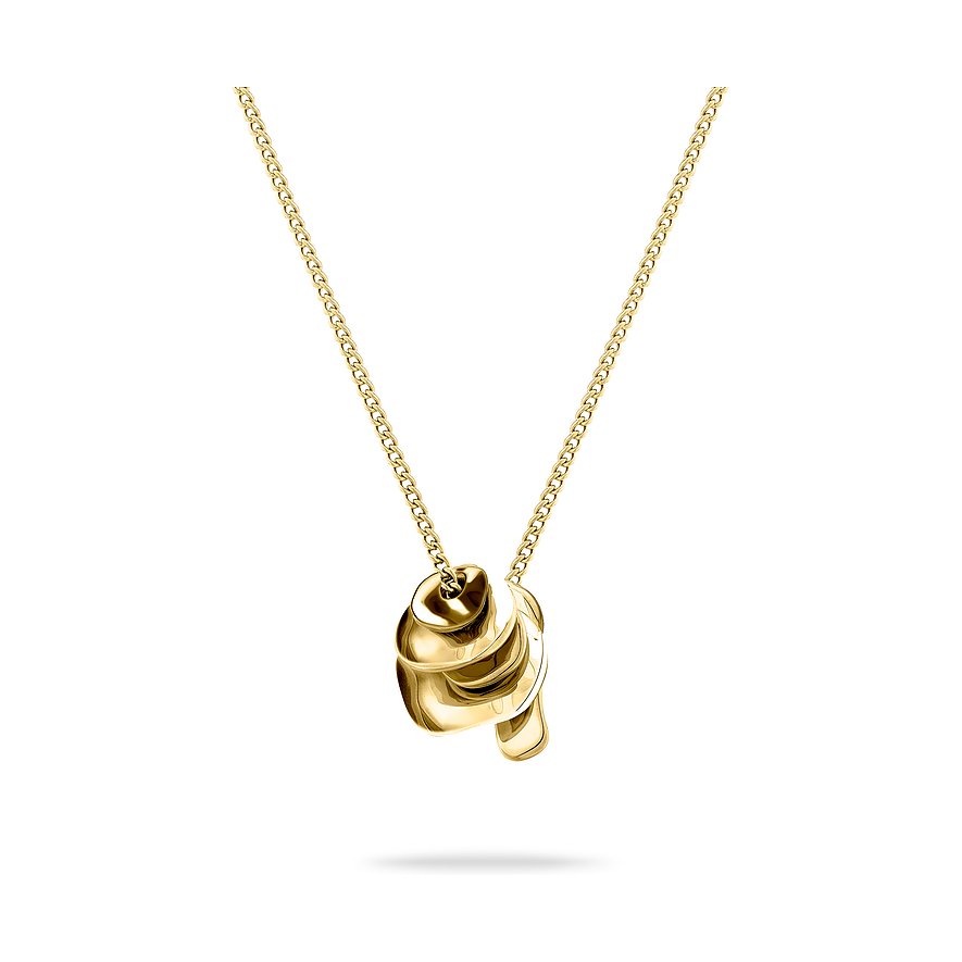 Eine glänzende, goldfarbene Liebeskind Halskette aus Edelstahl mit einem abstrakten, wellenförmigen Anhänger.