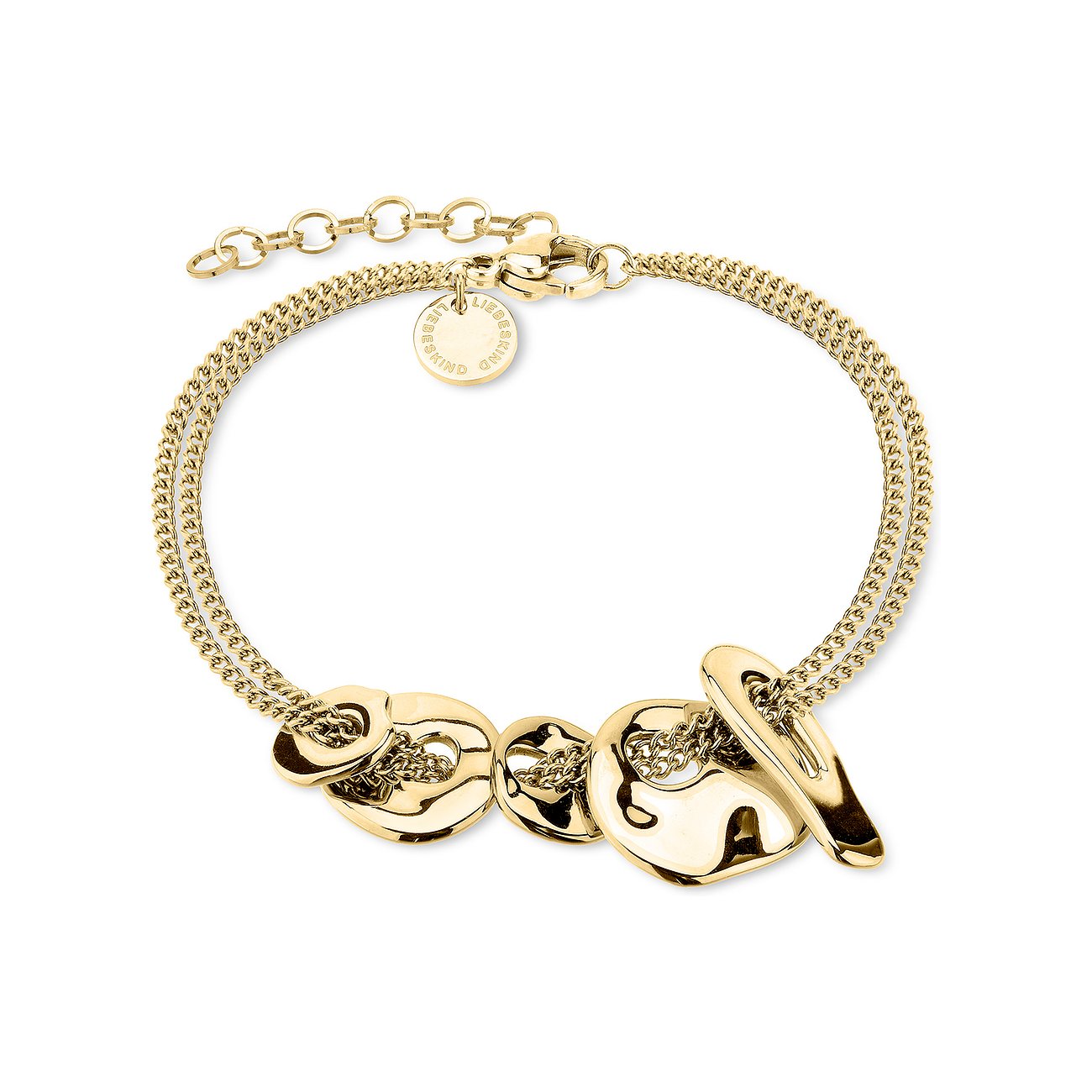 Liebeskind Armschmuck aus gelb vergoldetem Edelstahl mit doppelter Kette und vier organisch geformten Anhängern.
