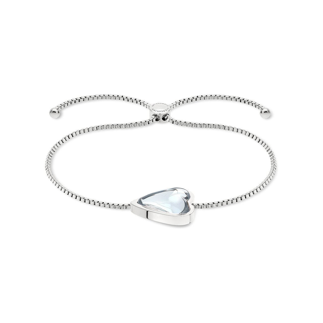 Liebeskind Boncuk-armband i glänsande rostfritt stål med en hjärtformad, ljusblå sten i mitten.