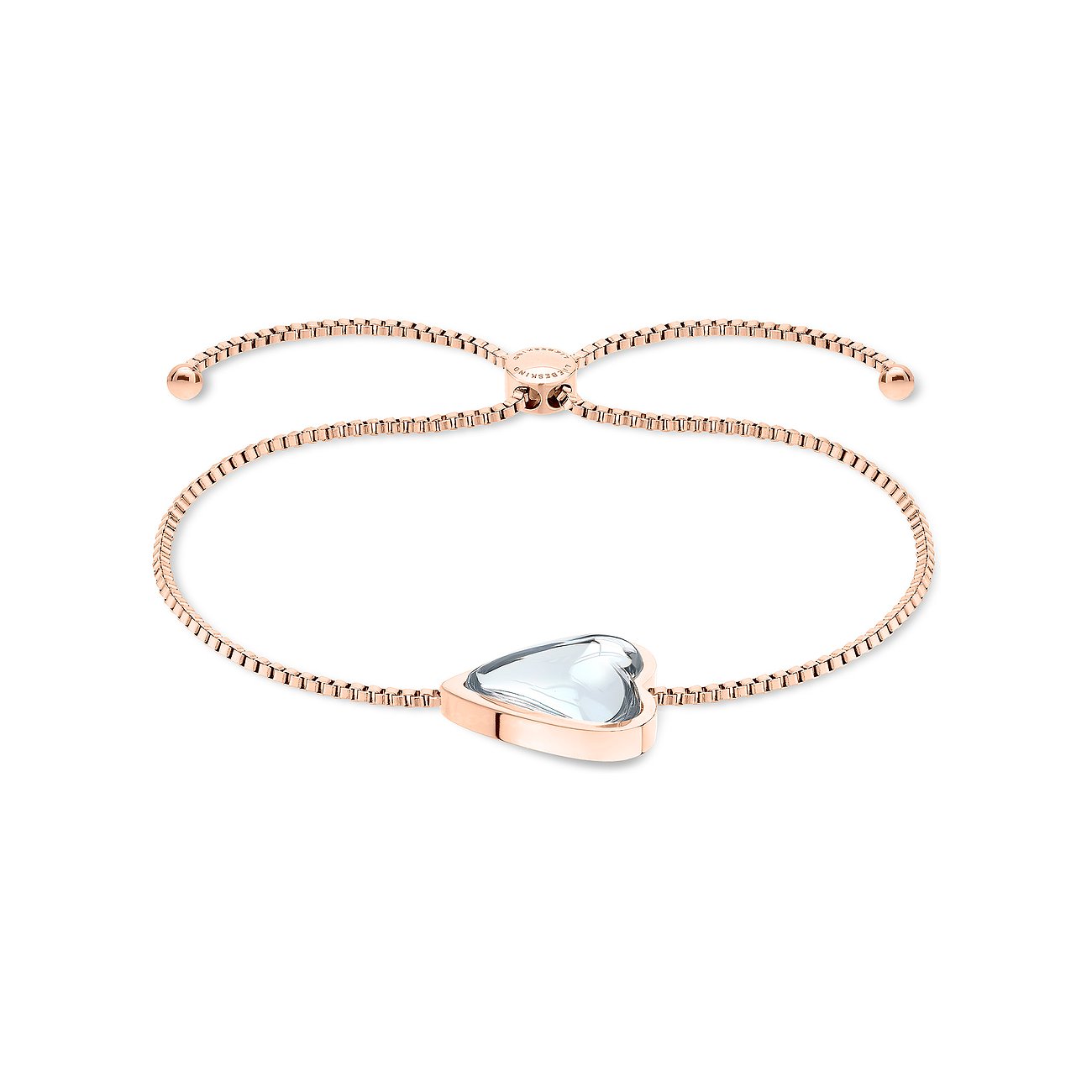 Bracciale Liebeskind in acciaio inossidabile color oro rosa con ciondolo a cuore e pietra chiara.