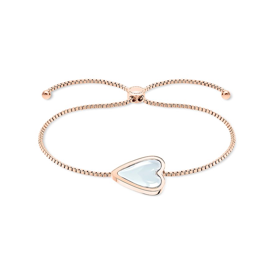 Bracciale Liebeskind in acciaio inossidabile placcato oro rosa, con una pietra bianca centrale a forma di cuore.