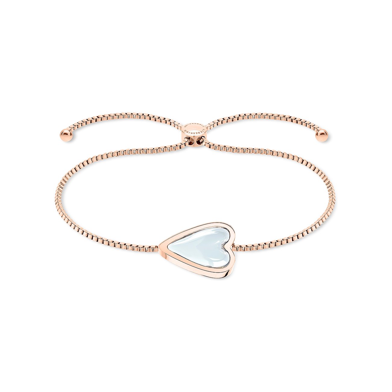 Bracciale Liebeskind in acciaio inossidabile placcato oro rosa, con una pietra bianca centrale a forma di cuore.