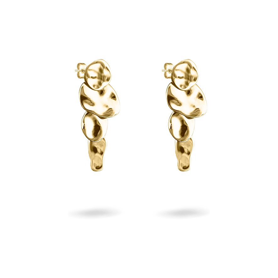 Liebeskind Ohrschmuck aus gelb-goldenem Edelstahl mit organisch geformten Elementen, frontale Ansicht vor weißem Hintergrund.