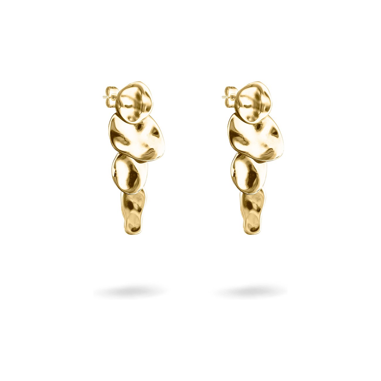 Liebeskind Ohrschmuck aus gelb-goldenem Edelstahl mit organisch geformten Elementen, frontale Ansicht vor weißem Hintergrund.