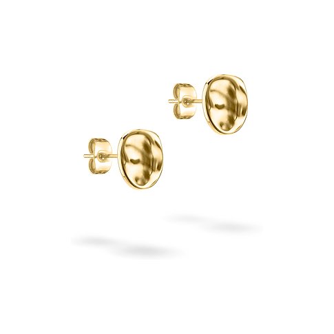 Goudkleurige Liebeskind oorknoppen van geolied rvs. Onregelmatig gevormd met een golvend oppervlak.