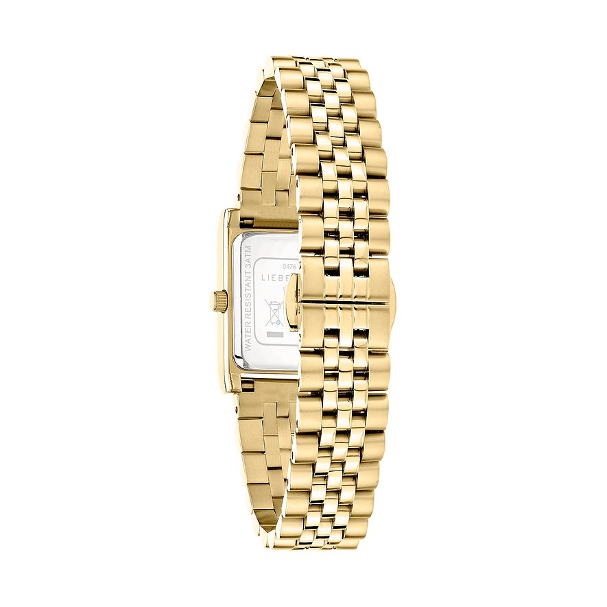 Rückseite einer Liebeskind Damenuhr aus goldfarbenem Edelstahl mit eckigem Gehäuse und Gliederarmband.
