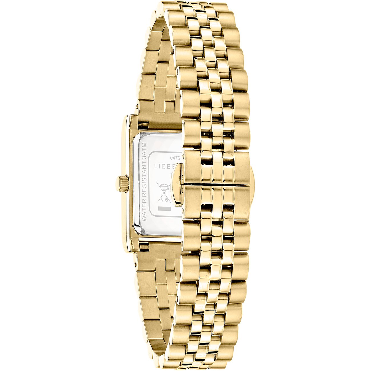 Rückseite einer Liebeskind Damenuhr aus goldfarbenem Edelstahl mit eckigem Gehäuse und Gliederarmband.
