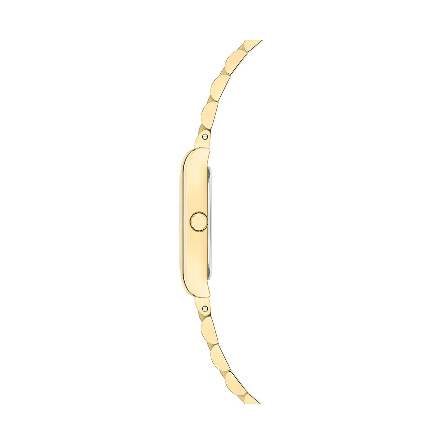 Seitenansicht einer goldenen Liebeskind Damenuhr aus Edelstahl mit rechteckigem Gehäuse und verstellbarem Band.