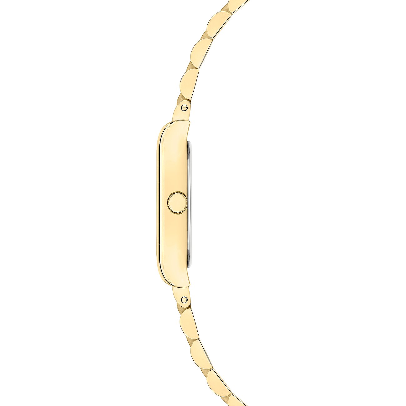 Seitenansicht einer goldenen Liebeskind Damenuhr aus Edelstahl mit rechteckigem Gehäuse und verstellbarem Band.