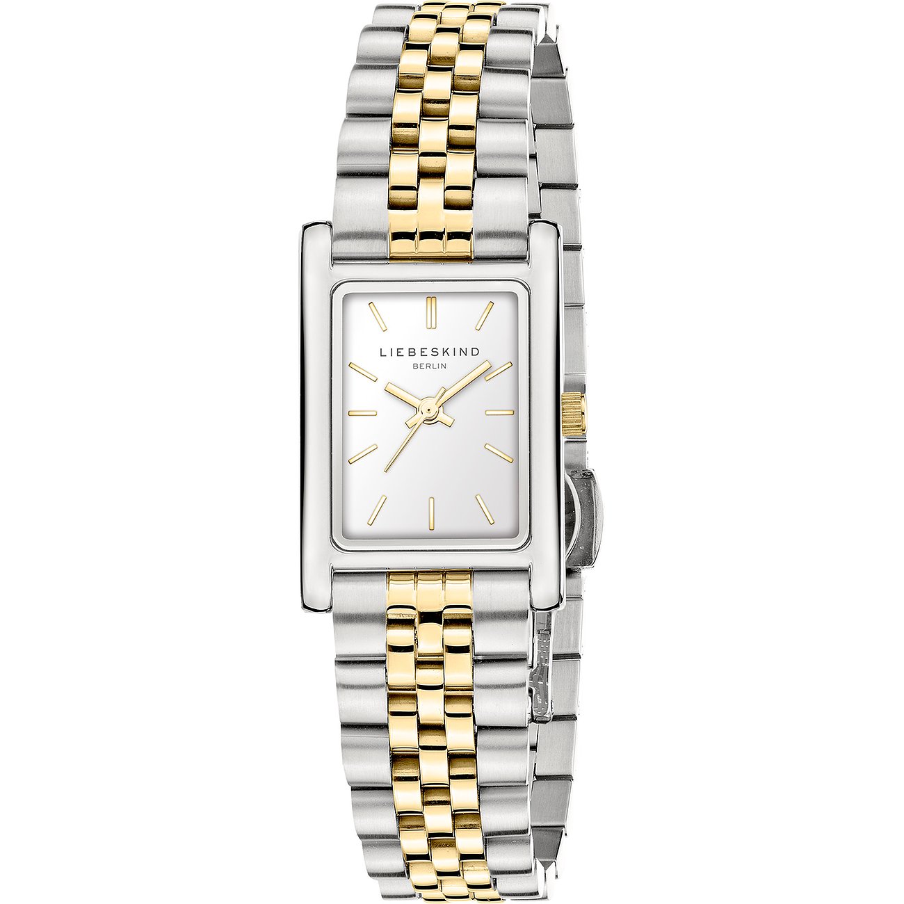 Eine rechteckige Liebeskind Damenuhr aus Edelstahl in Silber und Gold, die mittig auf weißem Hintergrund liegt.